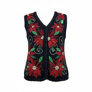 Kim Rogers Vintage Womens XL Black Poinsettia Christmas Sweater Vest Embroidered